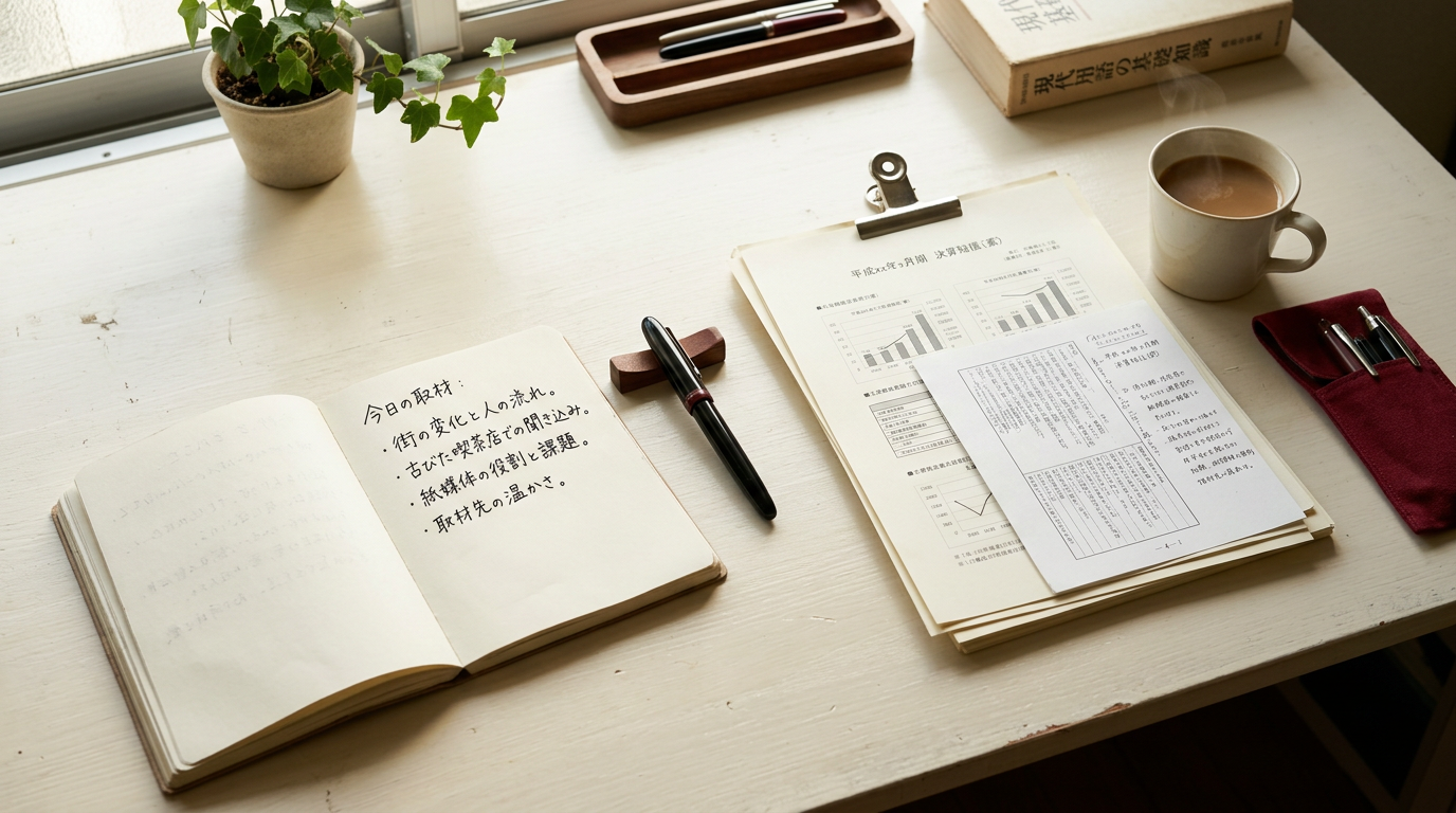 編集部の朝：ノートと観察メモの作業風景