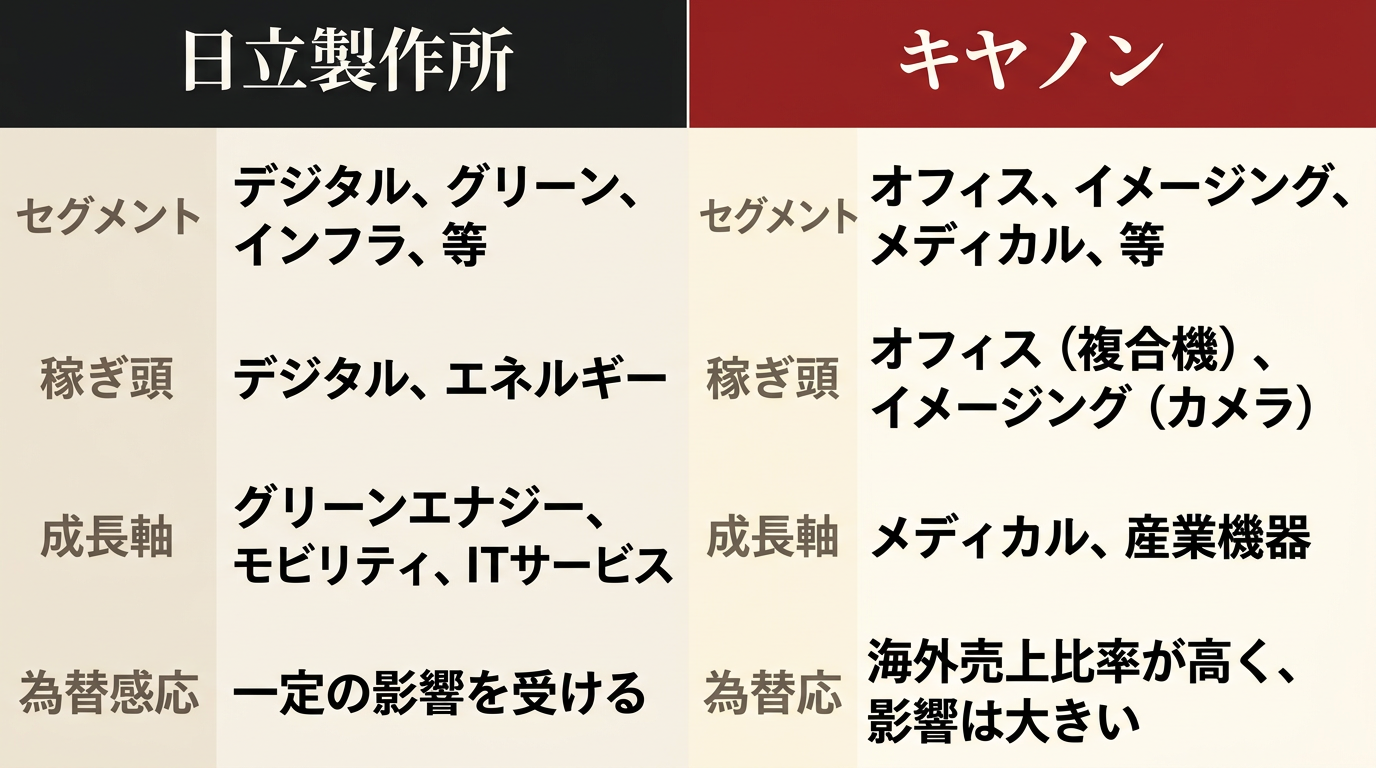 日立製作所とキヤノンのセグメント比較表