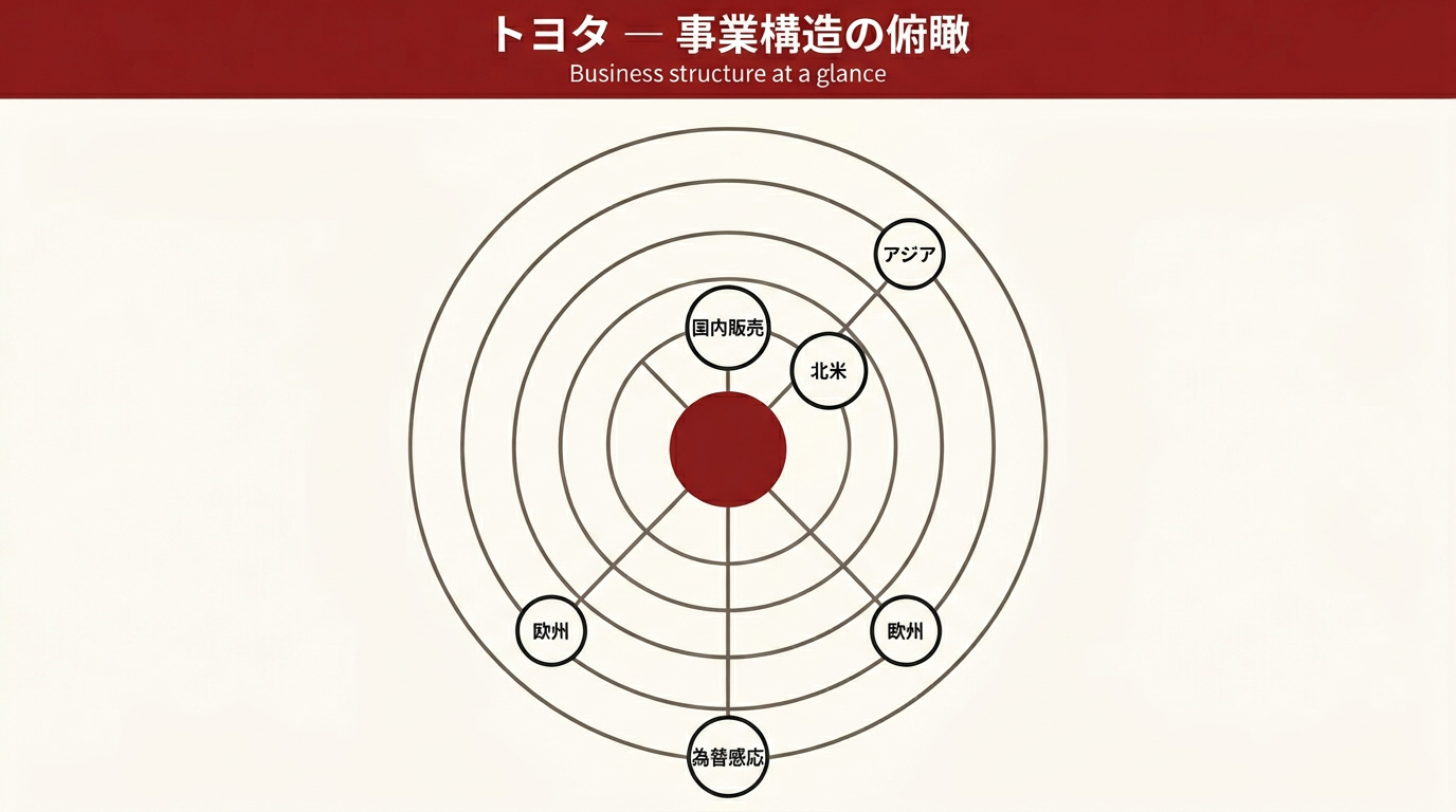トヨタ自動車の地域別販売と金融事業の構造図